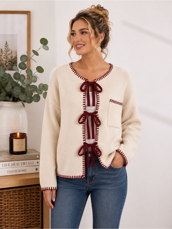 Sunday Edition Sweaters - Sunday Edition Cream Burgundy Bow Tie Cardigan Sweater S